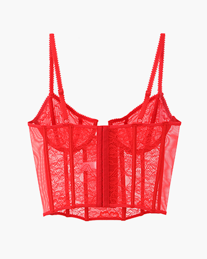 Red push-up corset bra with lace details, adjustable straps, and underwire support
