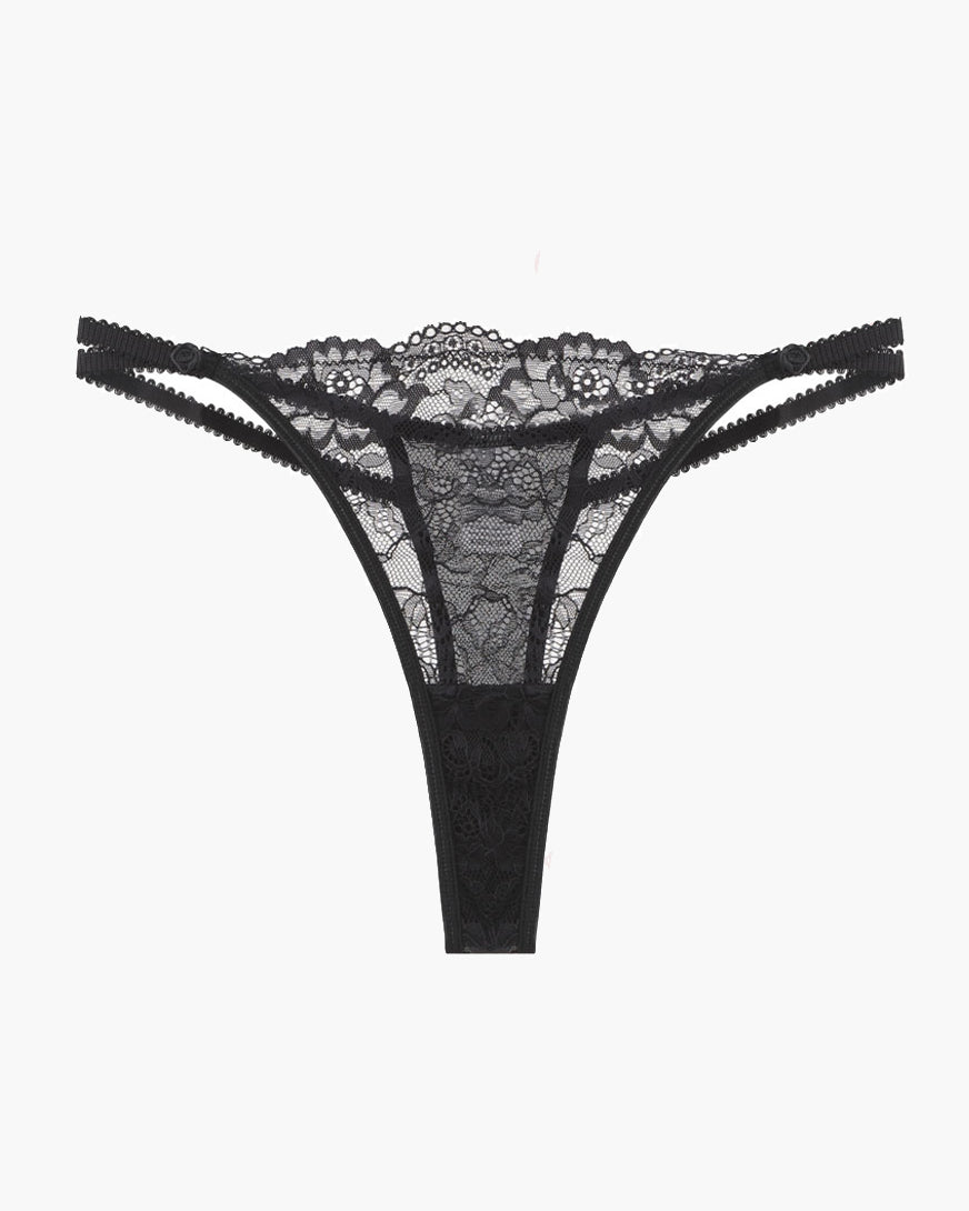 Black lace thong with delicate floral lace details, sweet and seductive, low-rise design