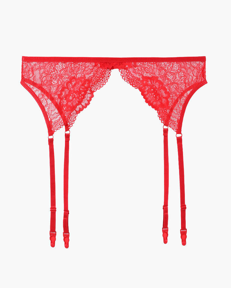 Red vintage lace garter belt with two adjustable garters and front scalloped panel