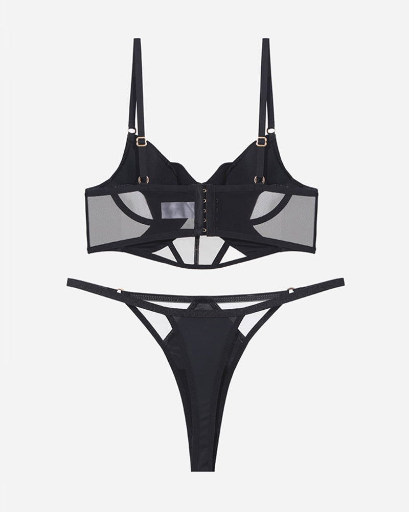 Black mesh bra and thong set with adjustable straps and lace details.