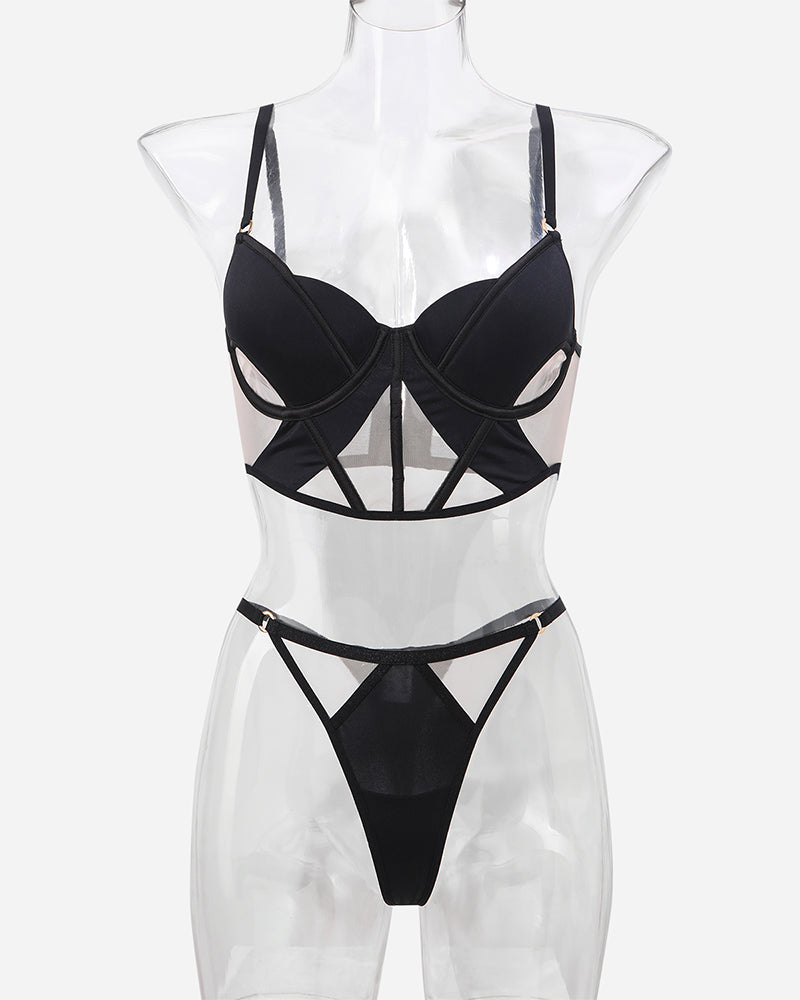 Black mesh hollow bra and thong set with adjustable straps and delicate lace details.