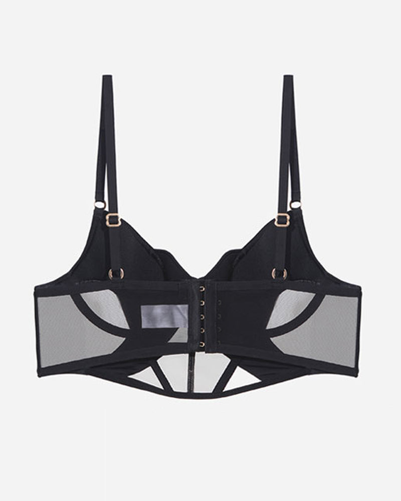 Black push-up bra with mesh hollow design, adjustable straps, and delicate lace details