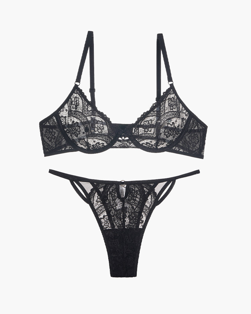 Black lace 3/4 cup bra and thong set. Floral lace design. Adjustable straps. Sexy lingerie.