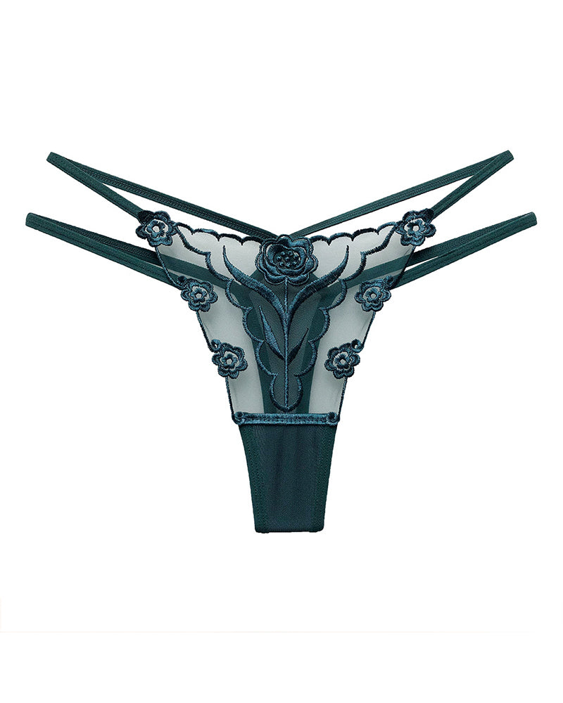 Green Rose Embroidery Thong Mesh Panties with floral embroidery and sheer mesh.