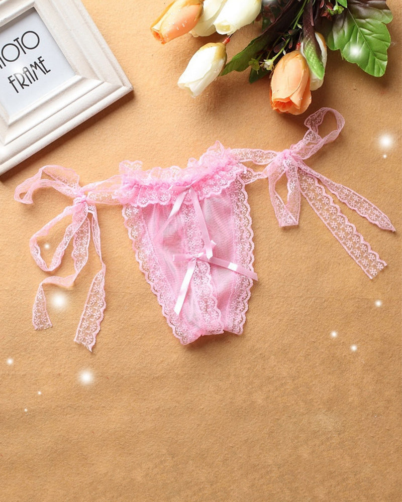 Pink lace crotchless thong panty with ribbon ties and lace details, sexy lingerie