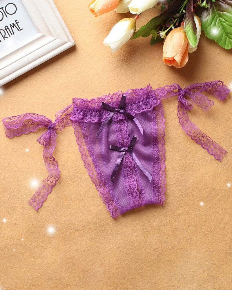Purple lace crotchless thong panty with ribbon ties and lace details