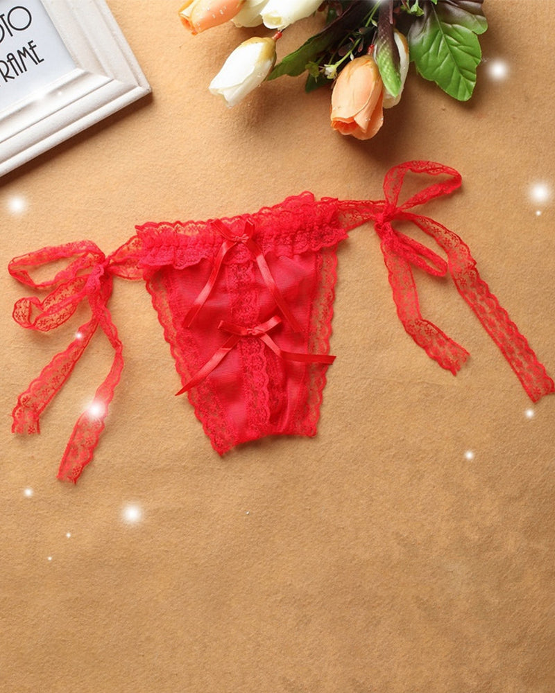 Red lace crotchless thong panty with ribbon ties and lace details, sexy lingerie for women