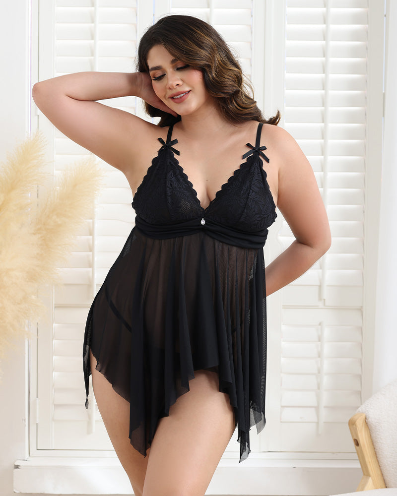Plus Size Black Babydoll with Lace Bodice and Asymmetrical Hem