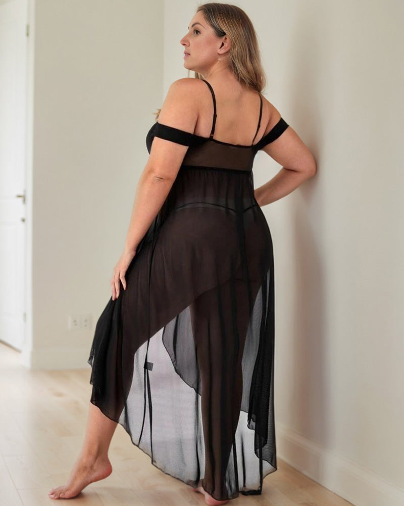 Plus size black nightgown with adjustable straps and side slit