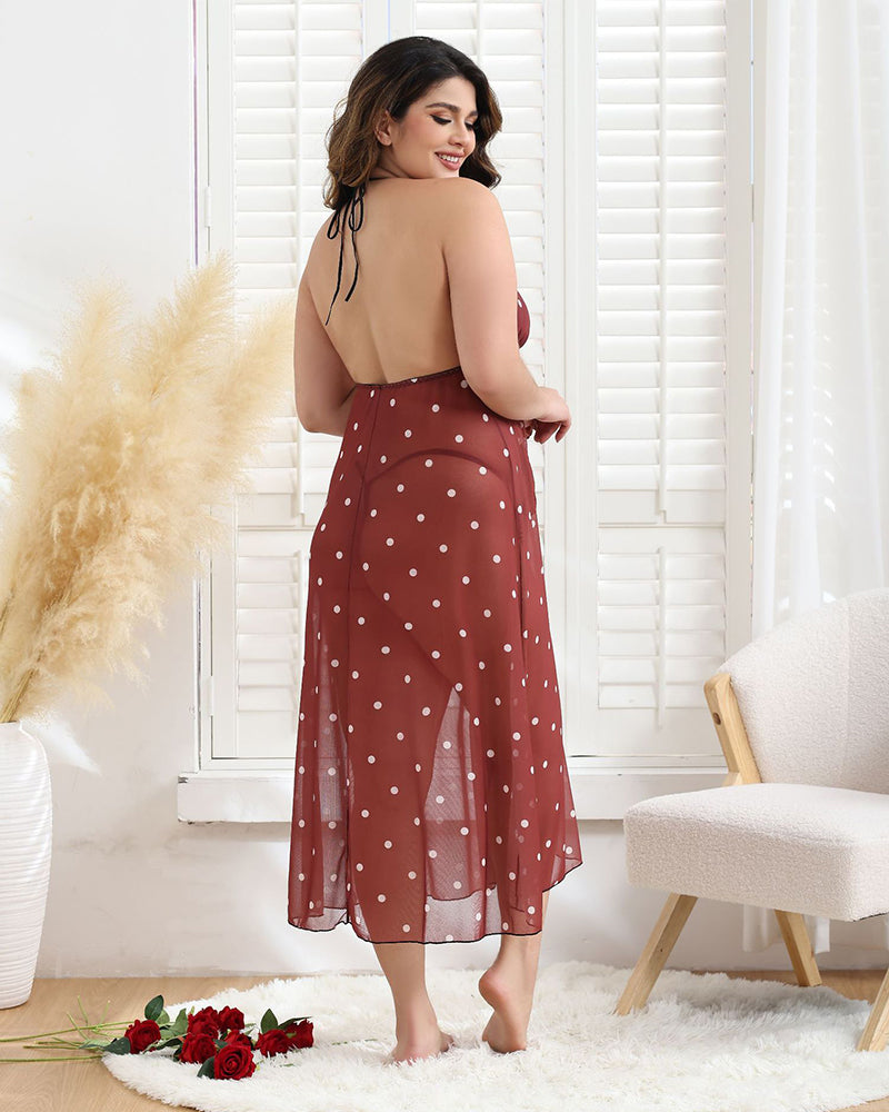 Plus Size Red Polka Dot Long Dress with Halter Neck and Tie-Up Detail