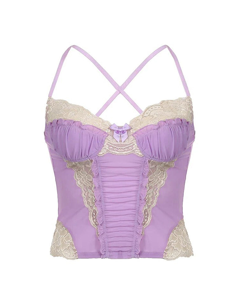 Lavender patchwork crop top with lace, cross-back. Sexy camisole, boho beach outfit.
