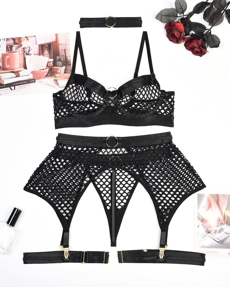 Avidlove black fishnet lingerie set with garter belt and choker. Sexy lingerie for perfect curves.
