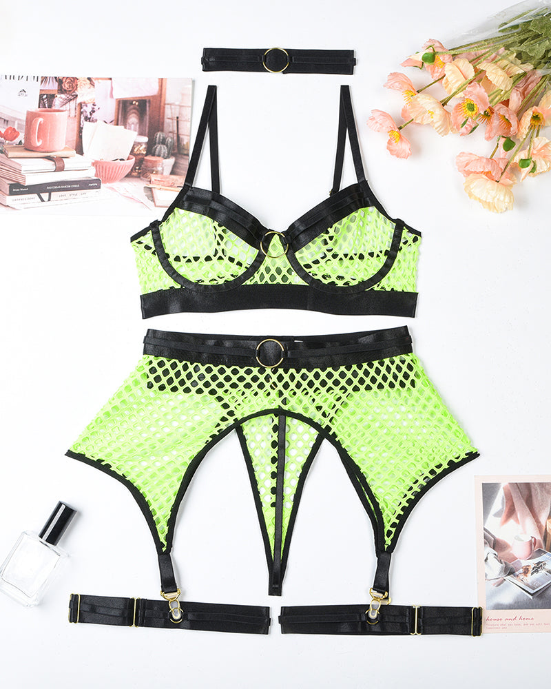 Neon green fishnet lingerie set with black accents and garter belt, perfect for showing curves