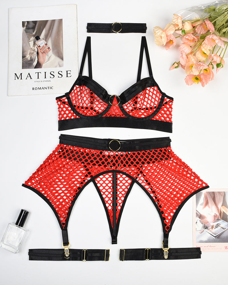 Red fishnet lingerie set with black accents, garter belt, and choker. Avidlove sexy lingerie.