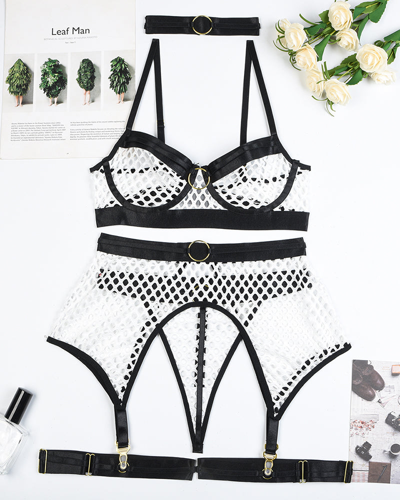 White fishnet mesh bra and panty set with black trim and garter belt, sexy lingerie for women