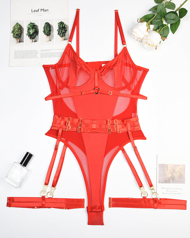 Red erotic bodysuit lingerie set with garter, sheer mesh and gold accents, elegant and sexy