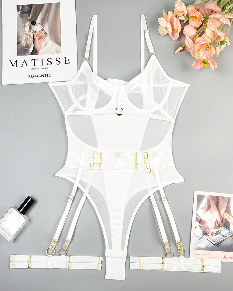 White mesh erotic bodysuit lingerie set with garter straps and gold accents