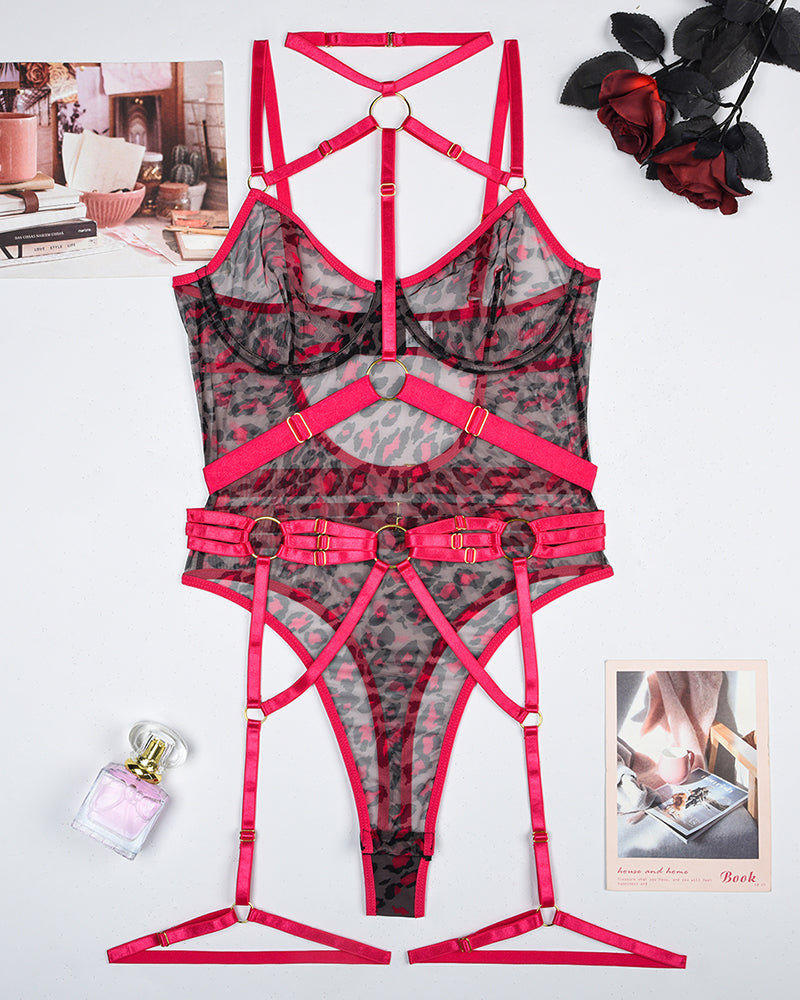 Mesh bodysuit with leopard print, pink straps and steel rings, sexy lingerie for women