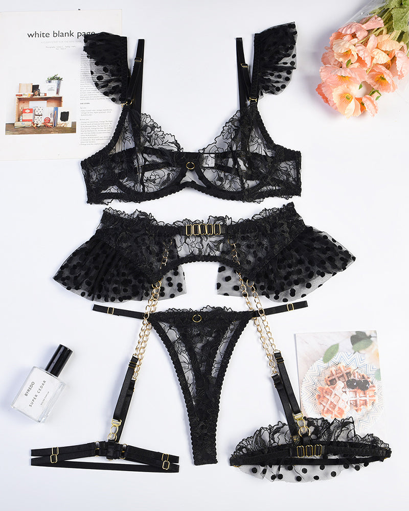 Avidlove black embroidered lace lingerie set with floral details and gold chain accents