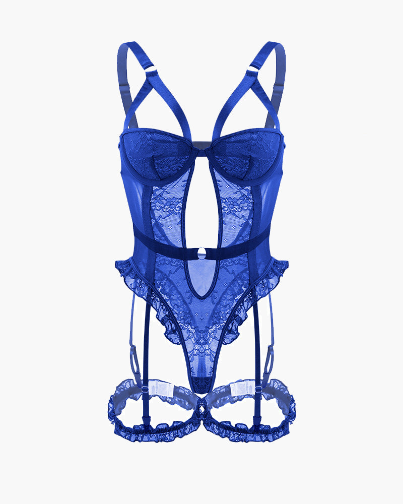 Blue lace garter teddy with leg rings and keyhole design. Sexy lingerie.