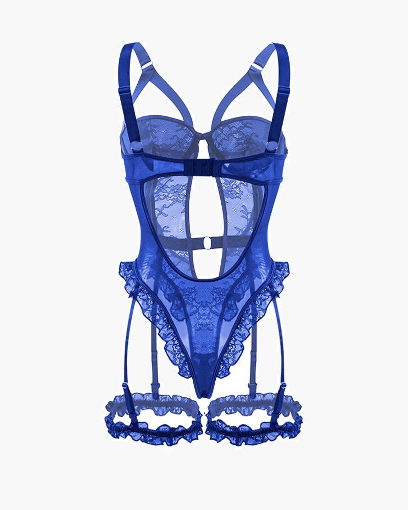 Backless blue lace garter teddy with leg rings. Sexy lingerie with keyhole design and lace details.
