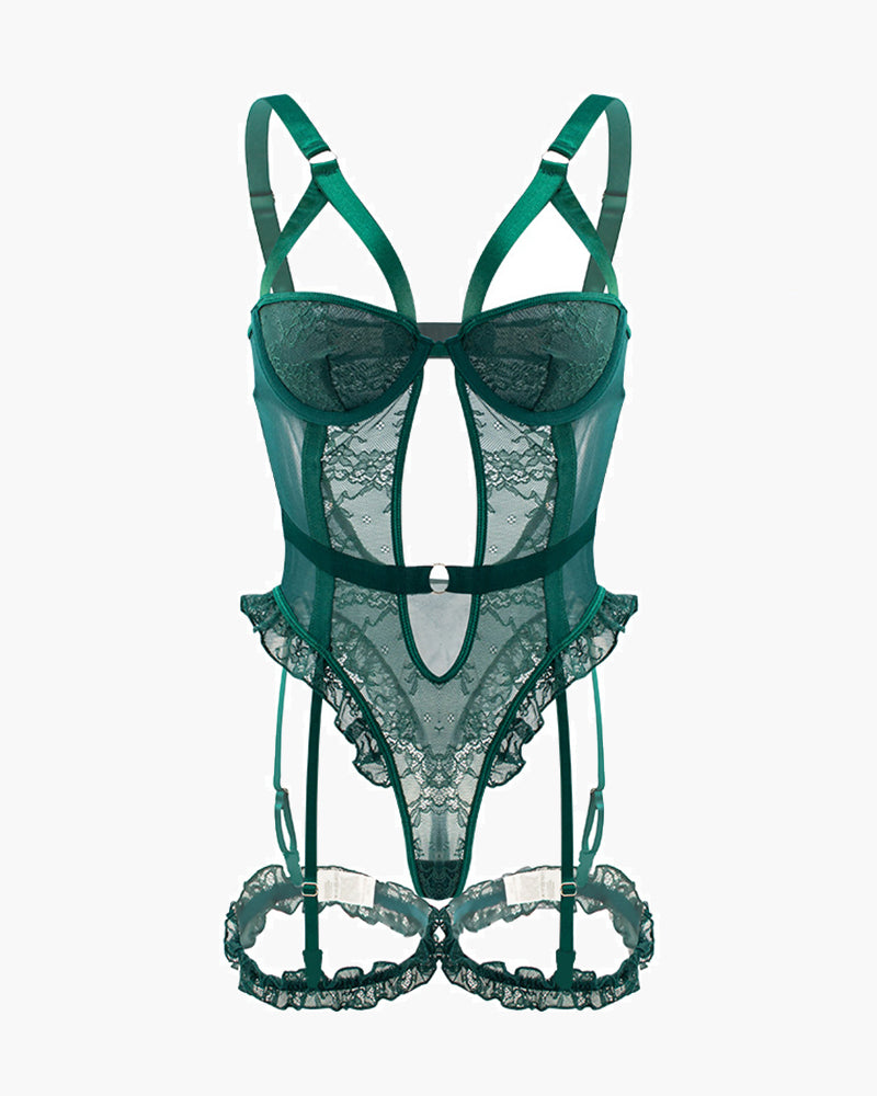 Emerald green lace garter teddy with leg rings, backless design, and adjustable straps.