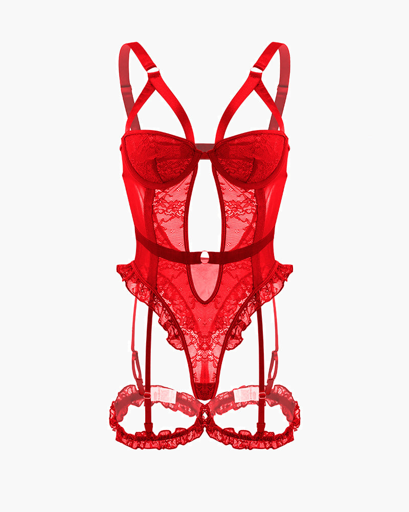Red lace garter teddy lingerie with leg rings and backless design for a sexy look.