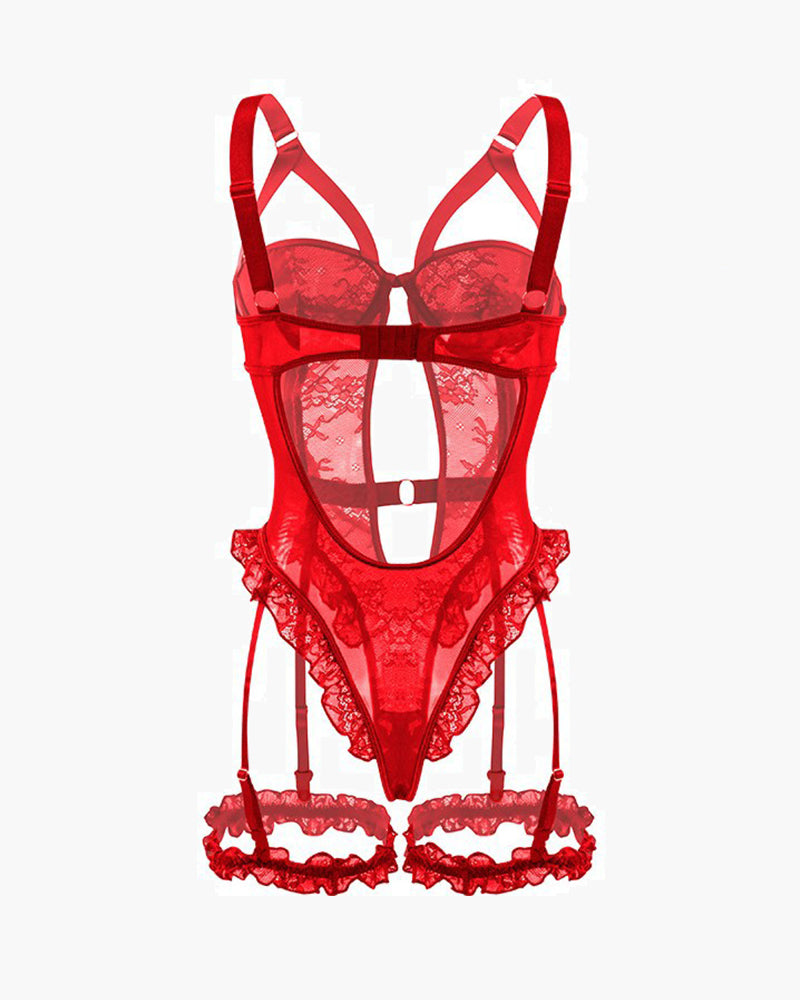 Red backless lace garter teddy with keyhole design and leg rings. Sexy lingerie for women.