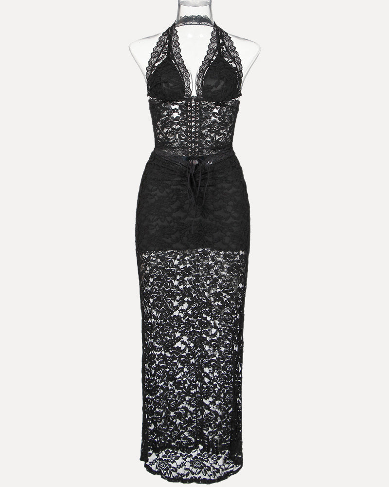 Black lace plunge neck halter two-piece set with lace-up detail, perfect for summer lingerie