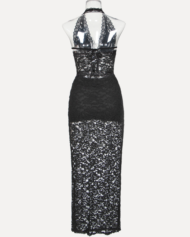 Black lace plunge neck halter two-piece set with lace-up back, for vacations and beach trips.