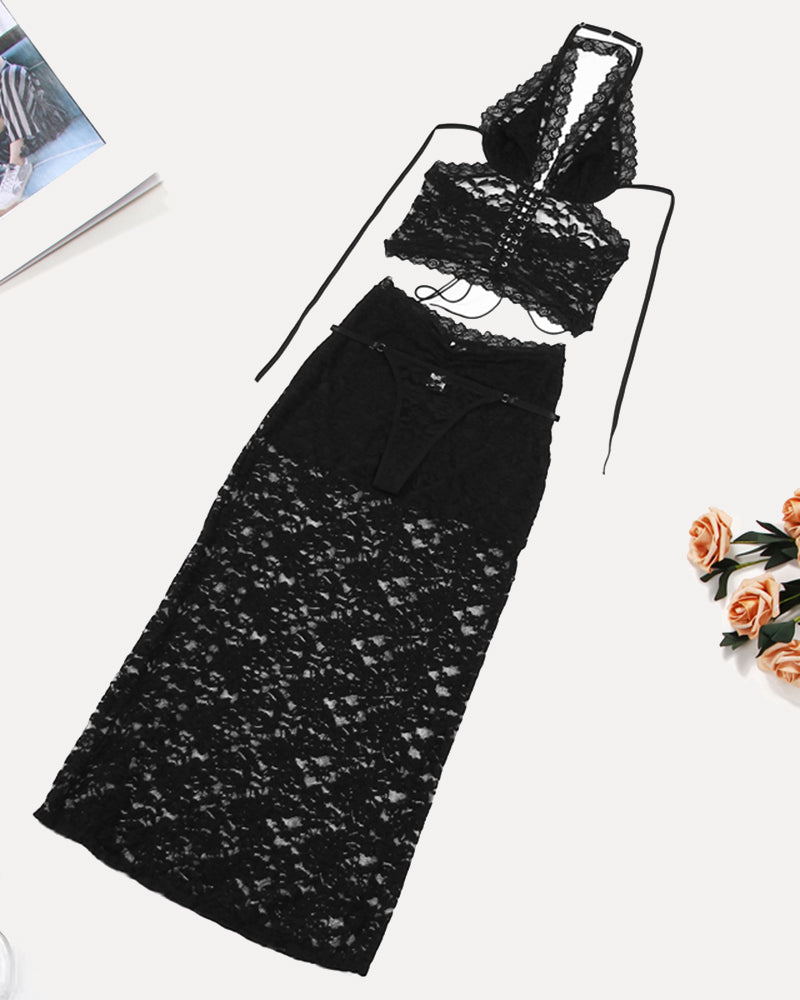 Black lace halter two-piece set with plunge neckline, ideal for vacations and beach outings.