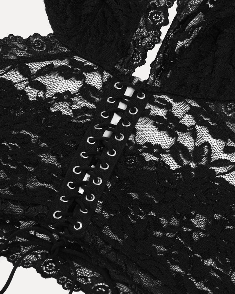 Black lace halter two-piece set, featuring intricate floral lace and lace-up detail