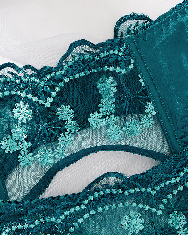 Teal embroidered lace lingerie set with floral design; perfect for special nights and occasions
