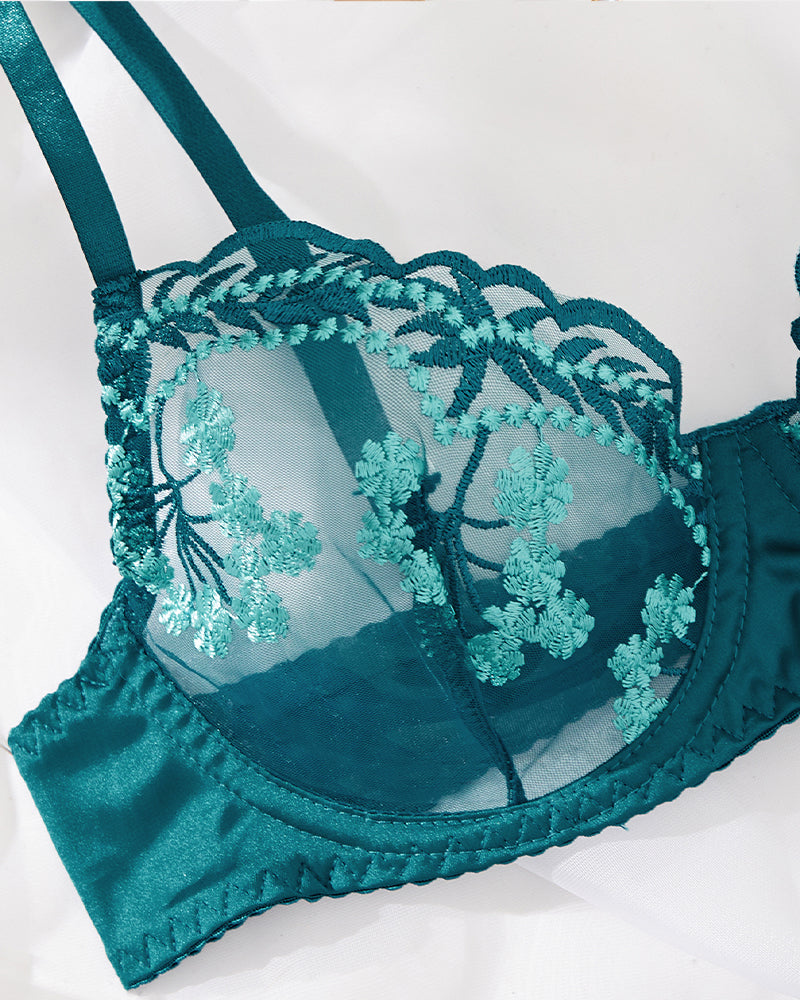 Teal embroidered lace lingerie bra with floral details; perfect for special nights and occasions
