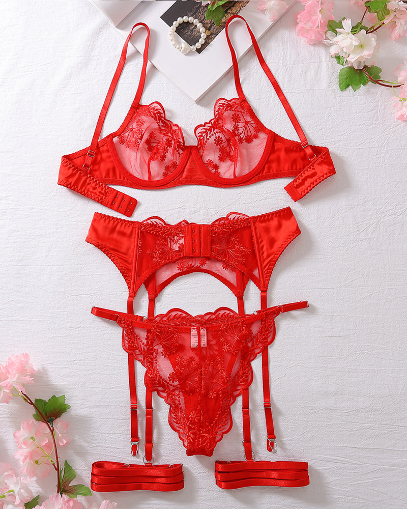 Red embroidered lace lingerie set with garter belt; ideal for special nights.
