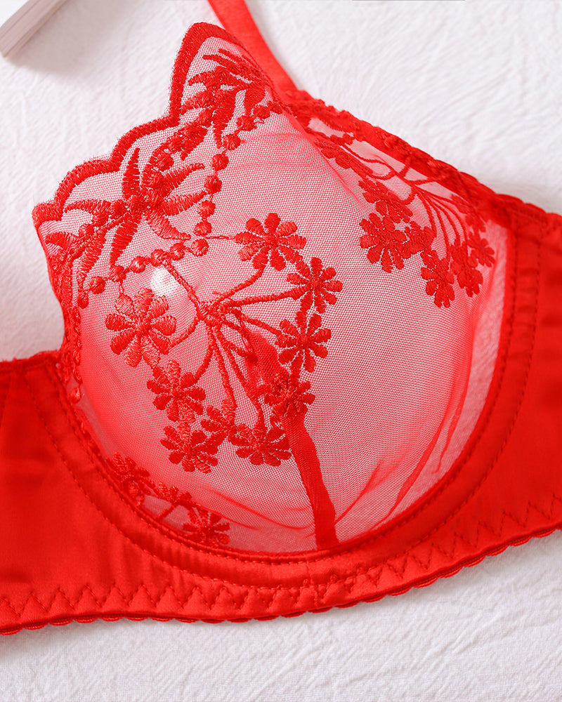 Red embroidered lace bra with floral design; perfect for special nights and occasions