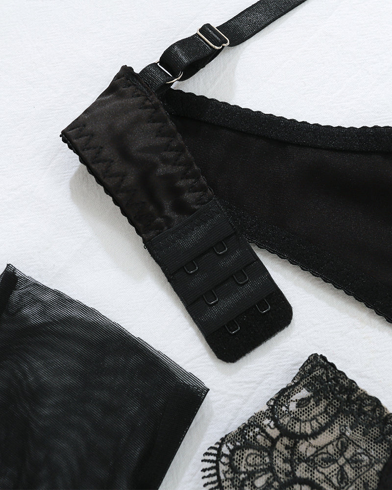 Black embroidery lace lingerie set with adjustable straps and floral lace details, elegant and sexy