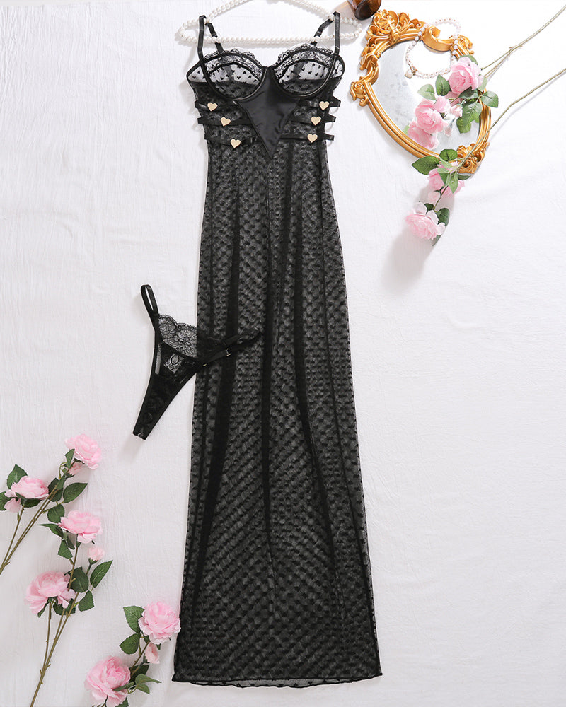 Sheer heart polka dot lace long dress, elegant lingerie with adjustable straps