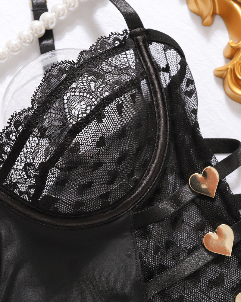 Black heart polka dot lace lingerie top with gold heart accents, elegant and stunning