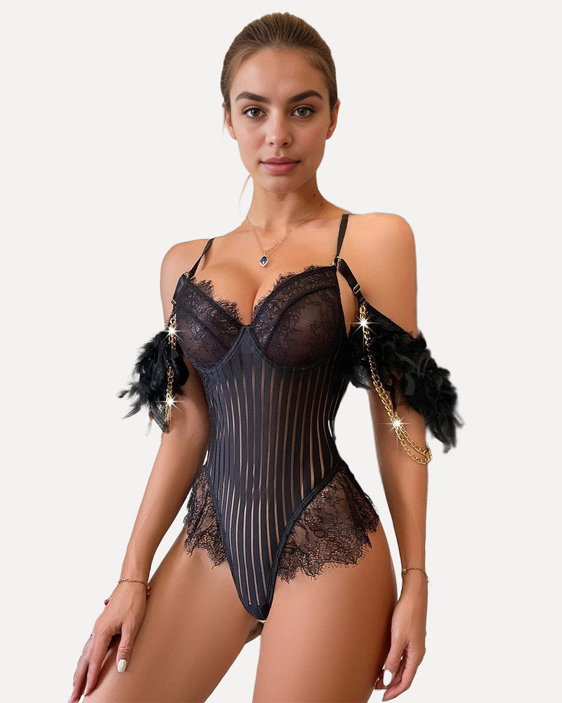 Black lace bodysuit with feather and gold chain, perfect for showing female charm and confidence.