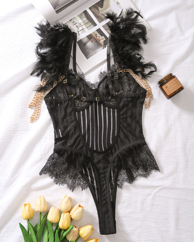 Black lace bodysuit with feather cuffs and delicate lace, Chain Feather Eyelash Lace Bodysuit
