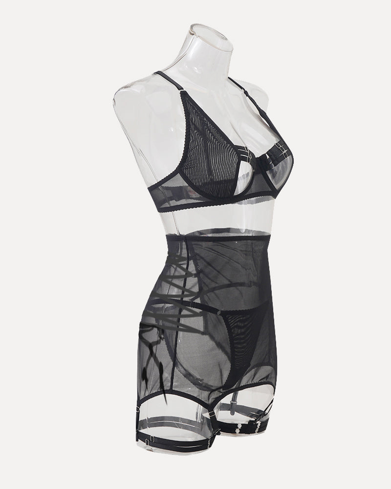 Black sheer lingerie set with open bust bra, high-waisted skirt and garter straps