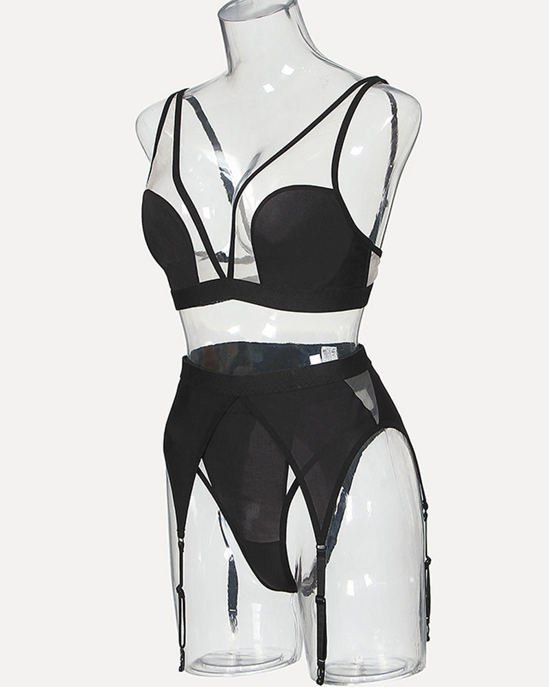 Black mesh lingerie set with adjustable straps, elegant and sexy design for women