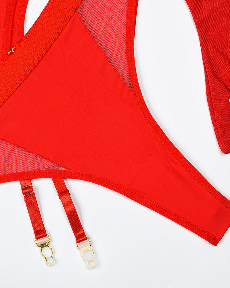 Red mesh lingerie set with adjustable straps. Sensual and elegant design for a confident look.