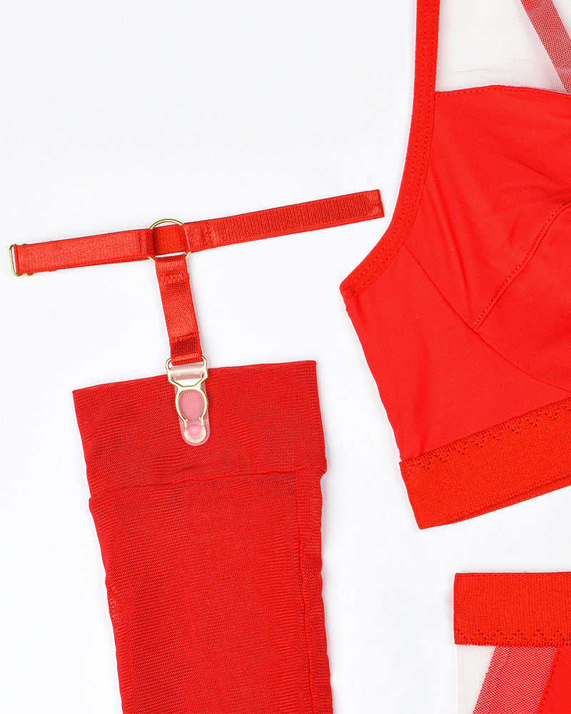 Red mesh lingerie set with adjustable straps and garter straps. Sensual and elegant design.