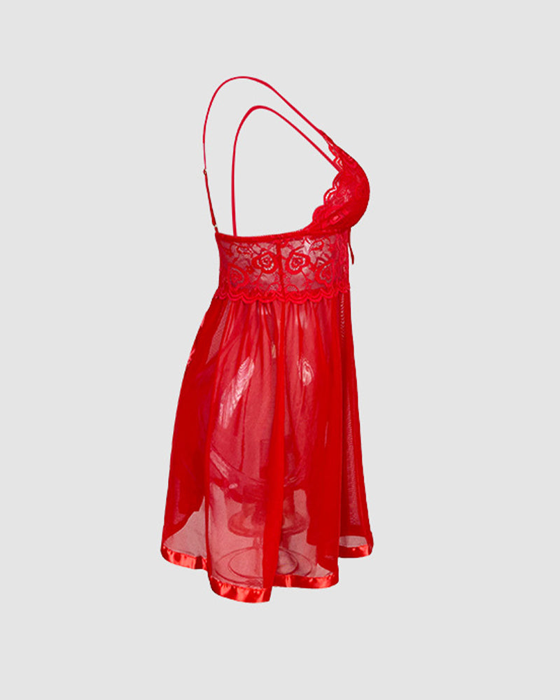 Red lace mesh slip dress, spaghetti straps, mini, Valentine's Day lingerie