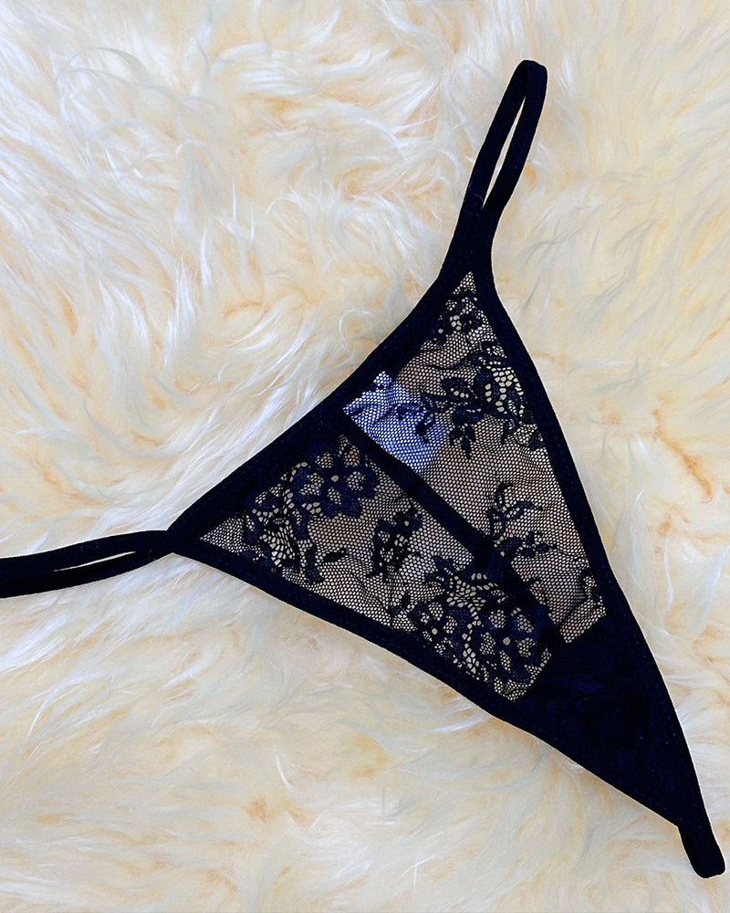 Black lace thong from Maid Costume set with floral lace and sheer mesh detail, Avidlove lingerie