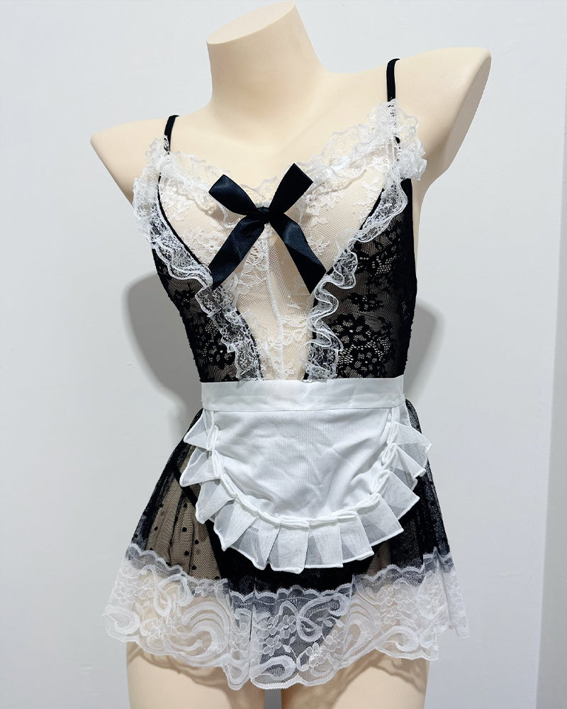 Avidlove Maid Costume Sheer Lace Patchwork Dress Set in black and white with lace trim and apron