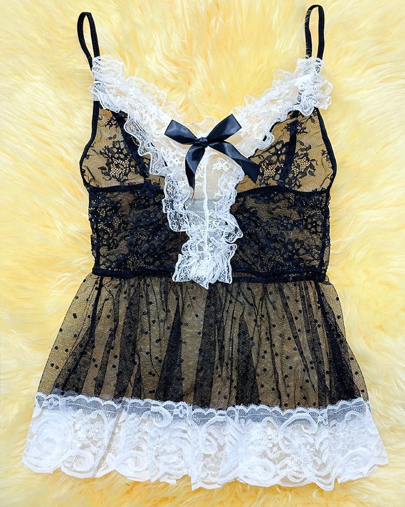 Avidlove Maid Costume Sheer Lace Patchwork Dress Set in black and white with lace trim and bow