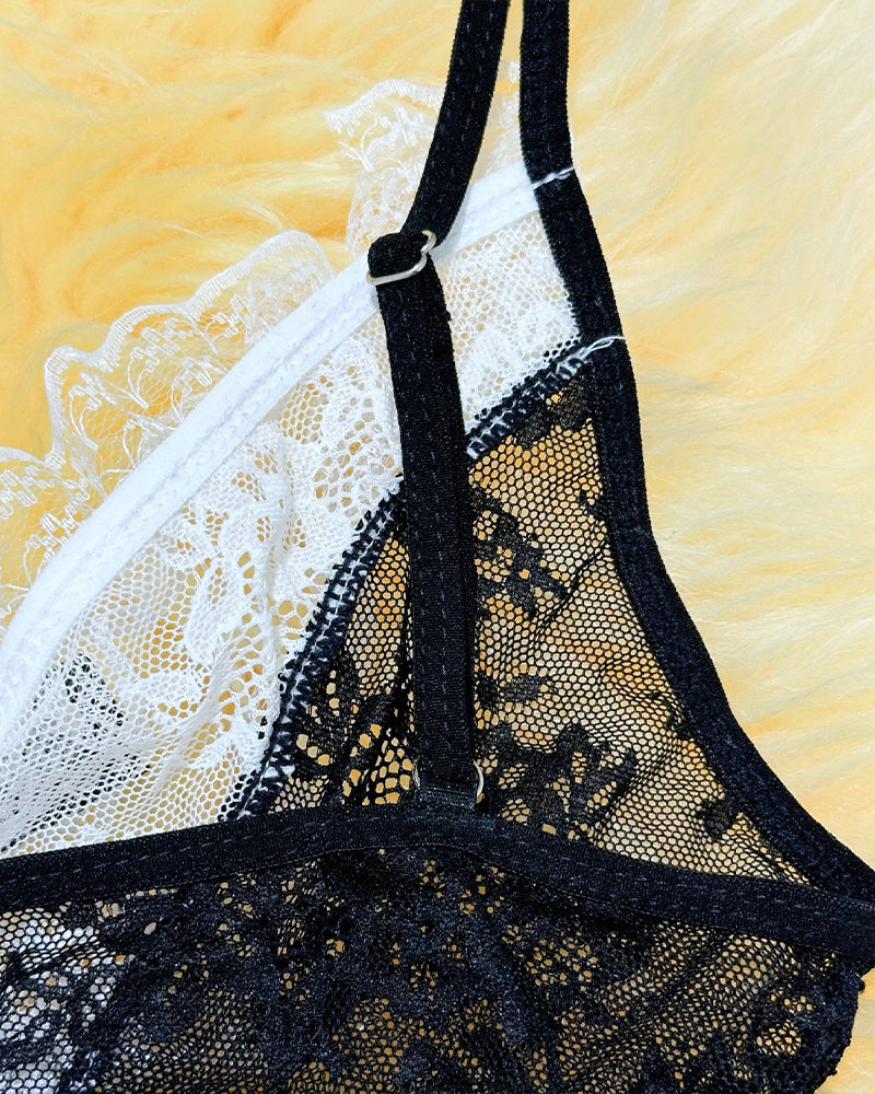 Maid Costume lingerie set detail: black lace bra with white trim and adjustable straps, Avidlove